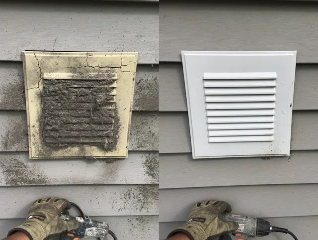 Lakeland Dryer Vent Cleaning technician installing high-quality dryer vent cover at a residential property in Lakeland